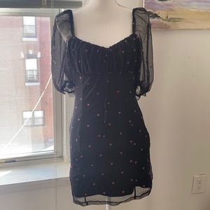 Heart print dress sexy sheer puff sleeve